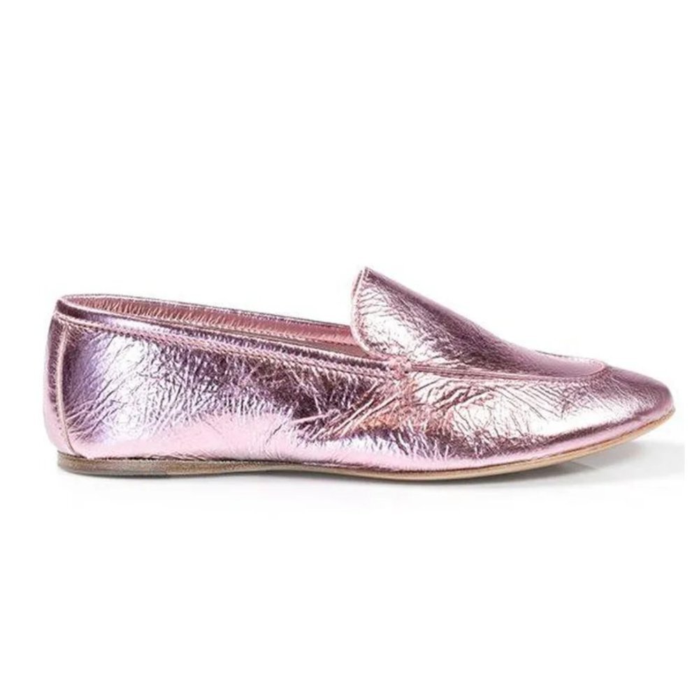 ZVELLE V Metallic Pink Crinkle Leather Moccasin Loafers